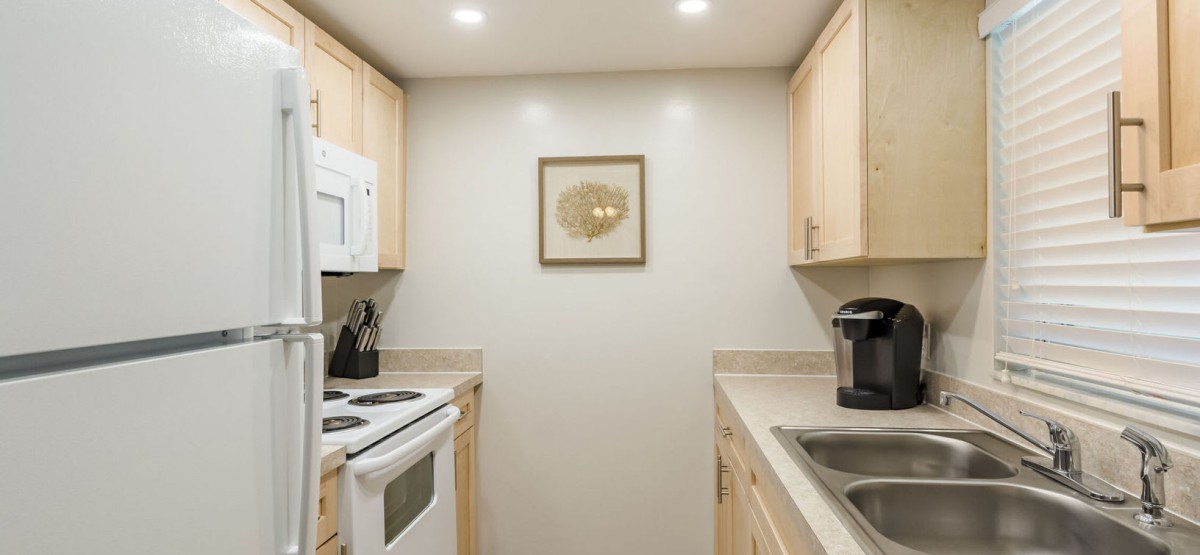 A compact modern kitchen with light wood cabinets and essential appliances.