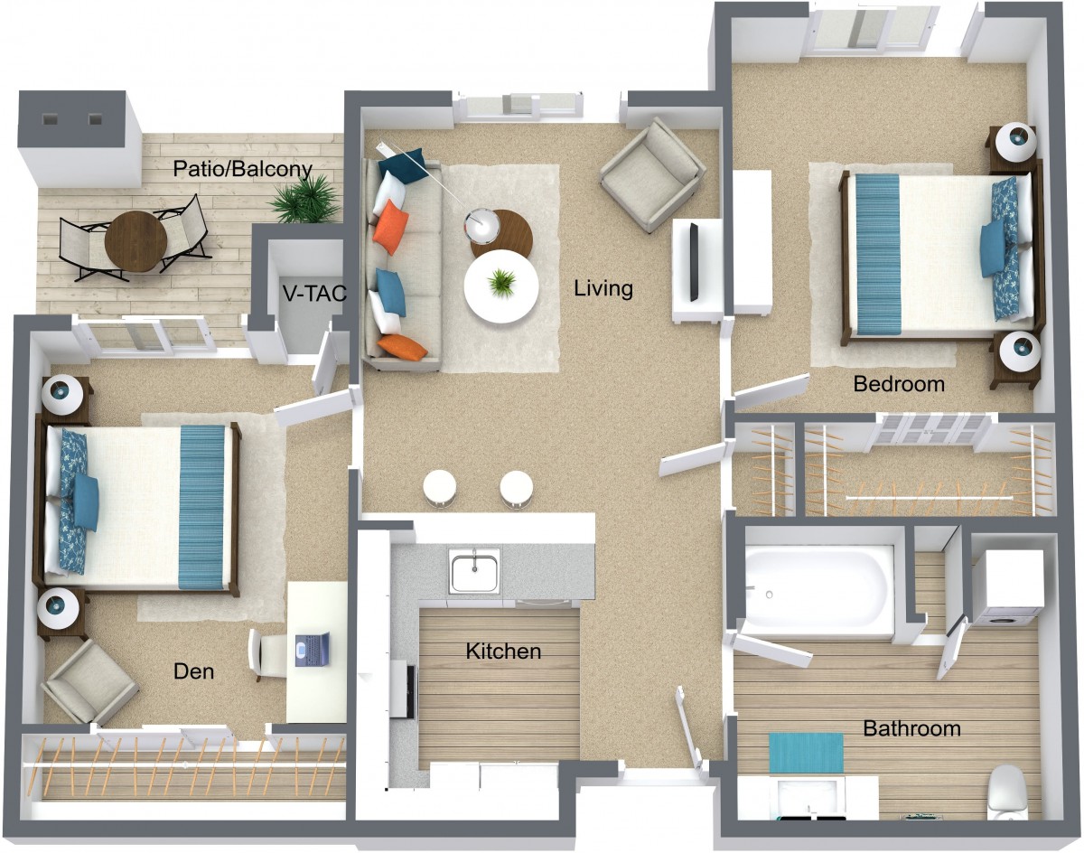 A detailed floor plan of an apartment featuring a living room, two bedrooms, a kitchen, a bathroom, and a den.