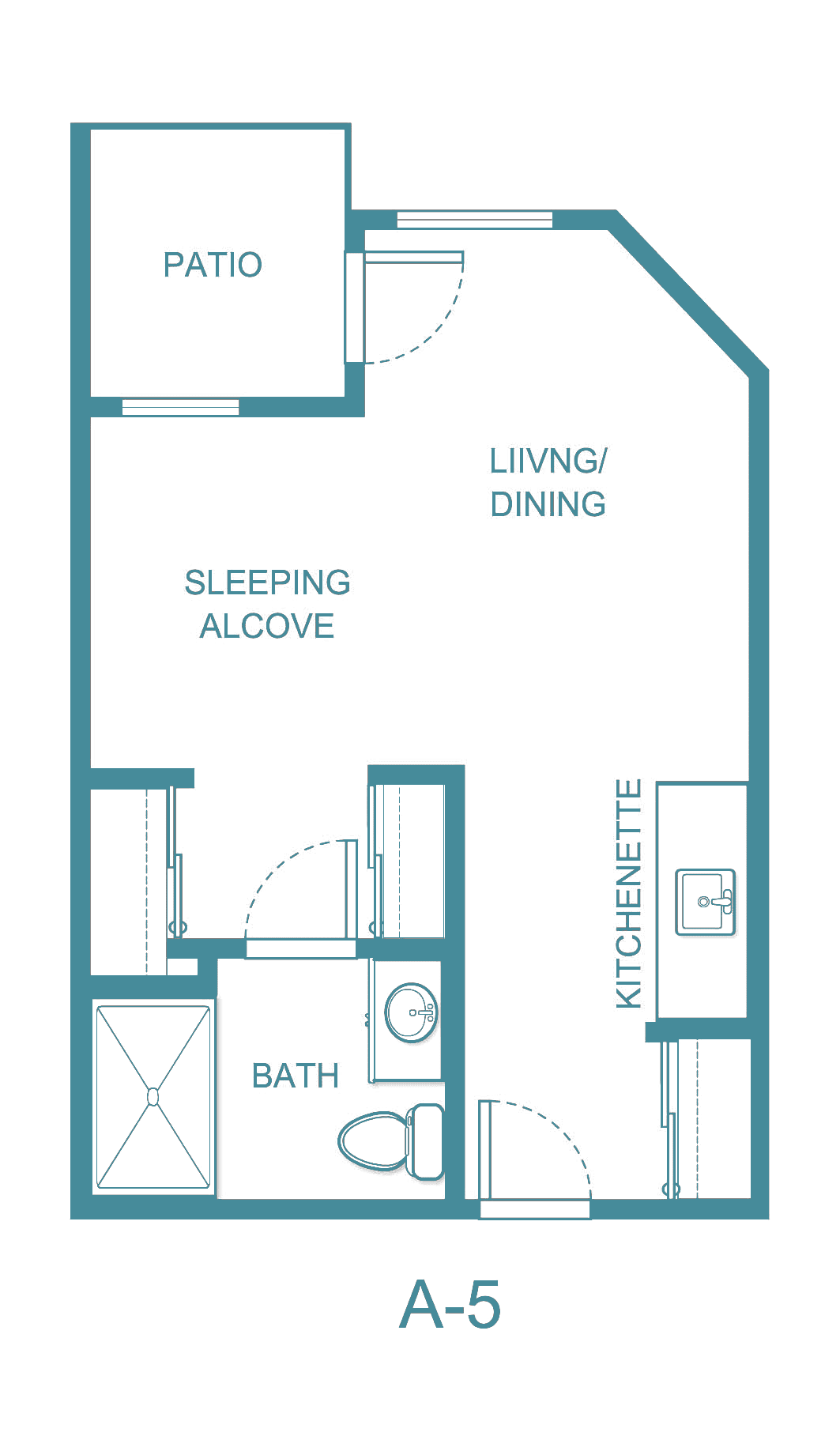 Studio apartment floor plan with sleeping alcove, living/dining area, kitchenette, and bathroom.