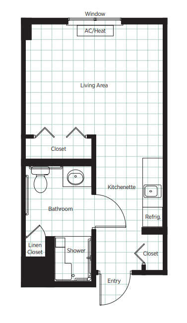 A simple apartment floor plan featuring a living area, kitchen, bathroom, and closet.