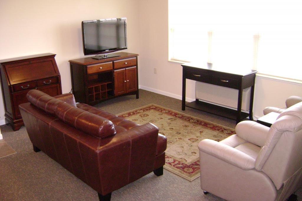 A cozy living room with a brown leather sofa, armchair, TV on a stand, and a decorative rug.