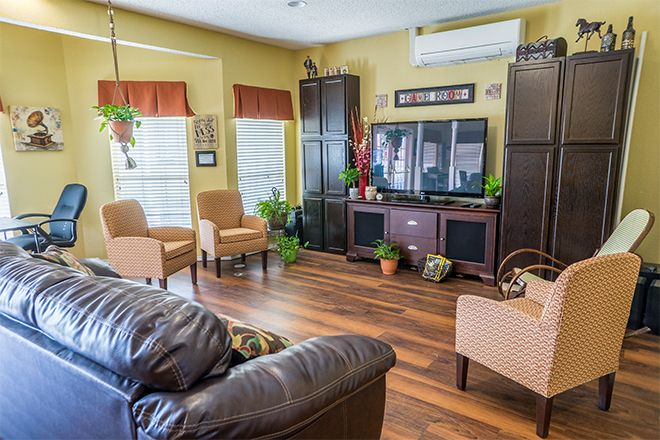 A cozy living room with modern furniture, a TV, and indoor plants.