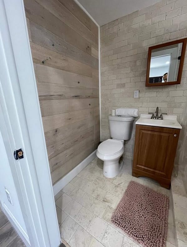 A small bathroom featuring a toilet, wooden vanity with sink, mirror, wood paneling on the wall, and a tile floor with a rug.