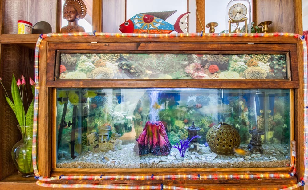 A vibrant aquarium with decorative elements, featuring a colorful scene inside a wooden cabinet.