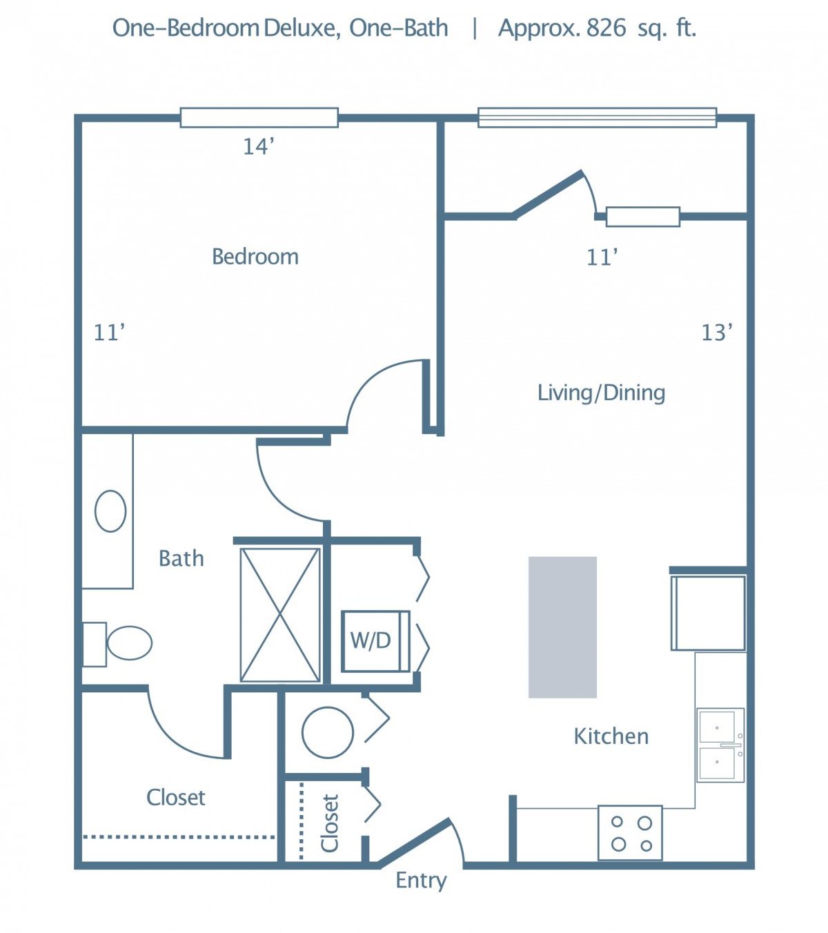One-bedroom apartment floor plan with a kitchen, bathroom, and living/dining area.
