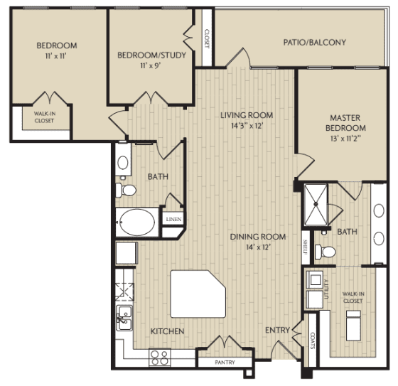 A detailed floor plan of a three-bedroom, two-bathroom apartment including living and dining areas.