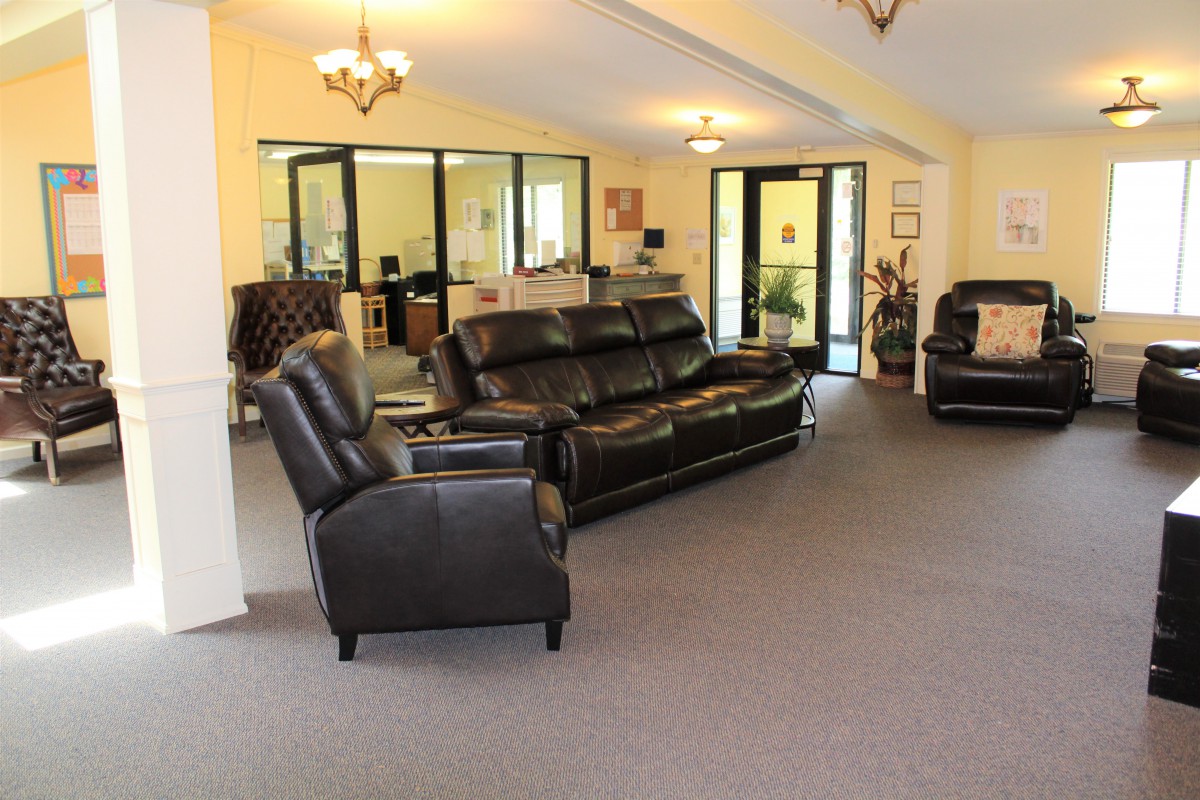 Spacious living room with leather seating and carpet flooring.