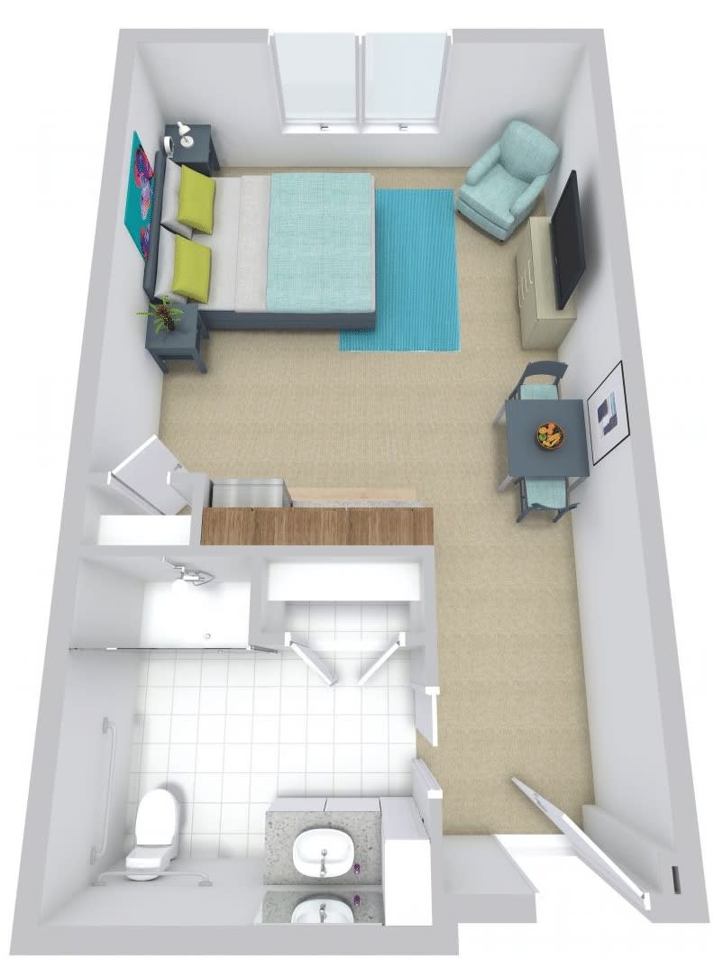 3D floor plan of a compact studio apartment featuring a bed, seating area, and kitchenette.