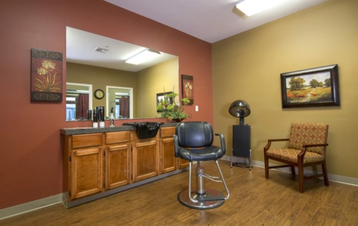 Interior of a hair salon with a styling chair, mirror, and wooden cabinets.