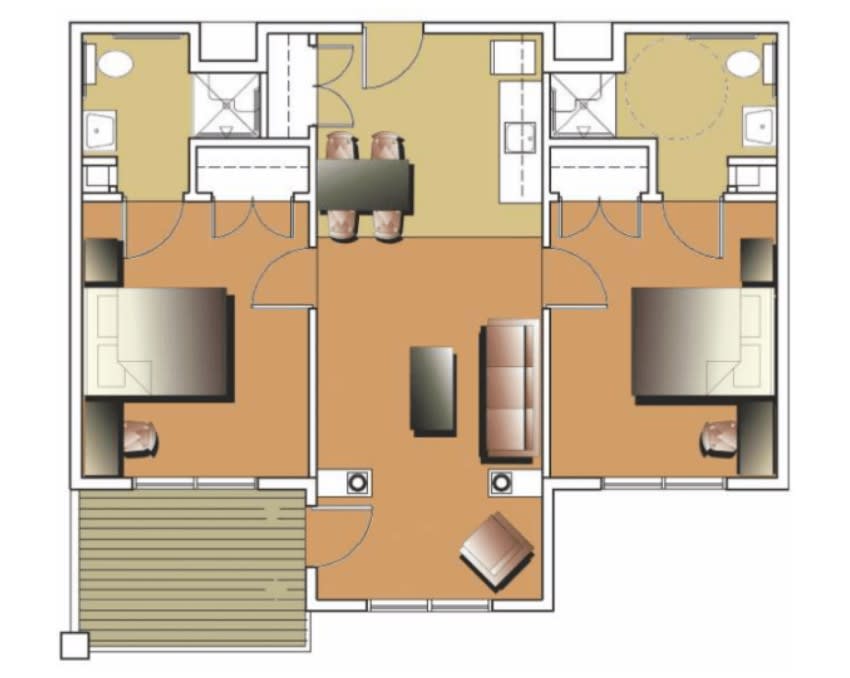 A detailed floor plan showing the layout of a residential space with labeled rooms and furniture placement.