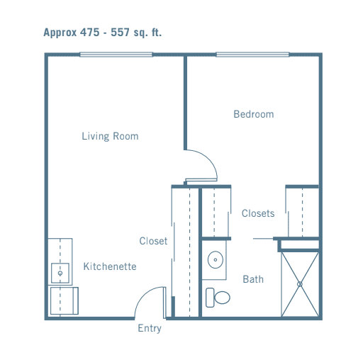 A floor plan of an apartment approximately 470-507 square feet, featuring a living room, kitchenette, bedroom, bathroom, and closets.