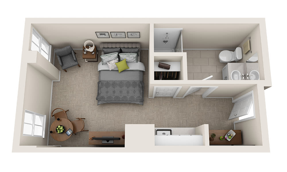 A top-down view of a compact apartment floor plan featuring a bedroom, living area, and bathroom.