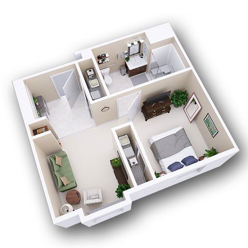 A 3D floor plan of a compact apartment featuring a bedroom, bathroom, and living area.