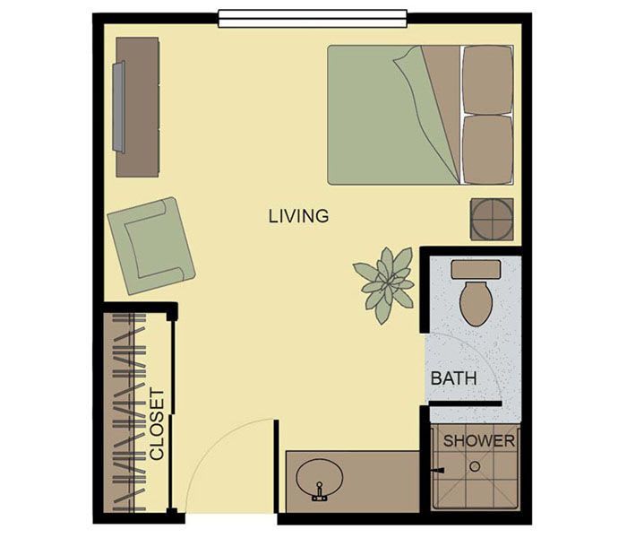A floor plan of a small studio apartment showing the living area, bathroom, and closet.