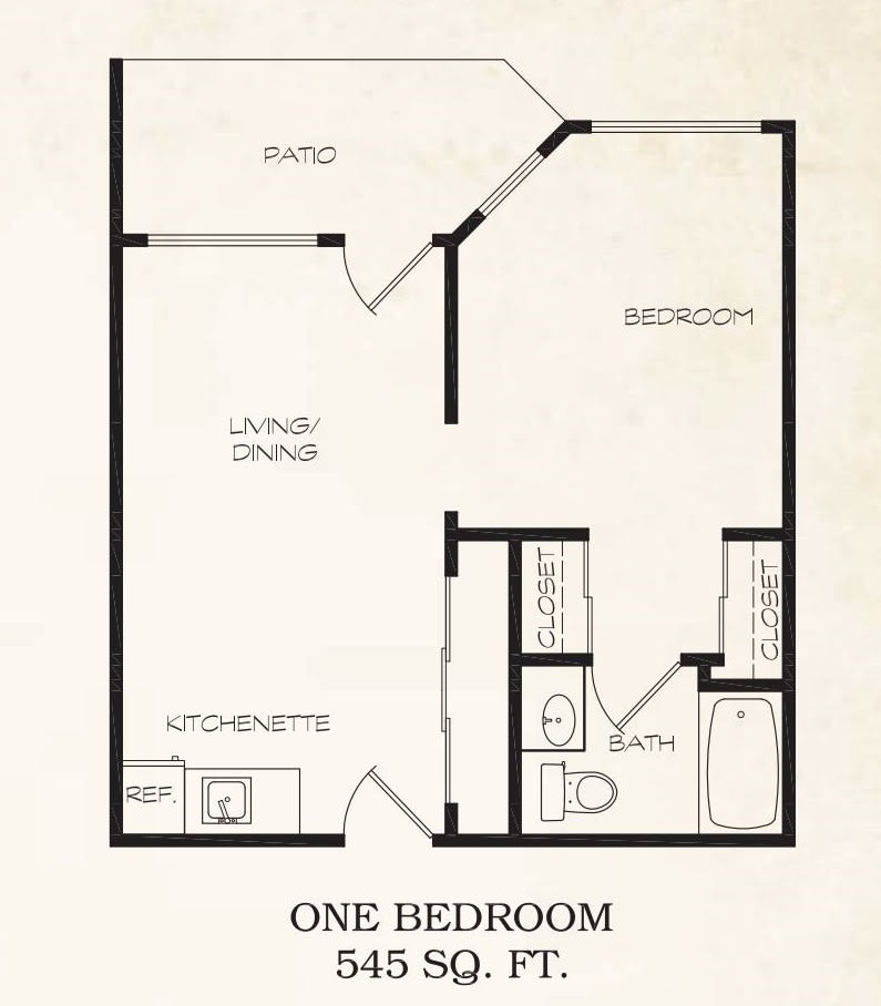 A one-bedroom apartment floor plan with designated areas for a living/dining room, kitchenette, bathroom, and patio.