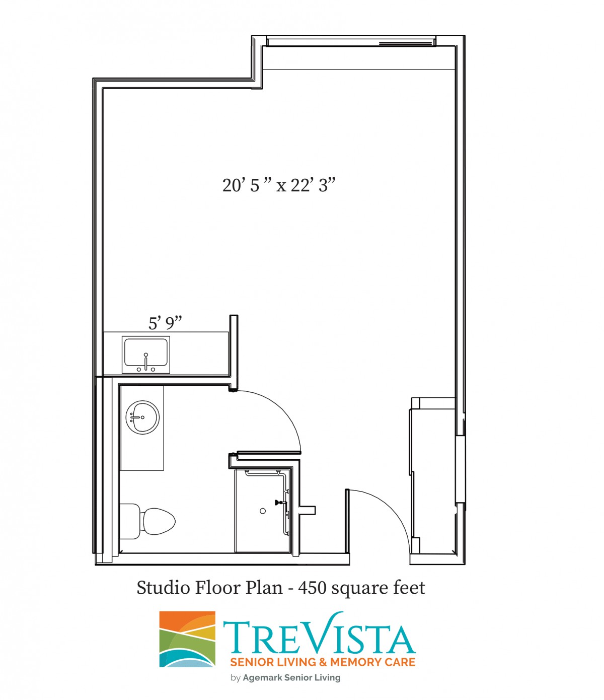 Studio floor plan with a total area of 408 square feet, featuring a bathroom and main living space.