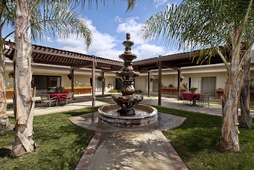 A serene courtyard featuring a beautiful fountain surrounded by palm trees and inviting seating areas.