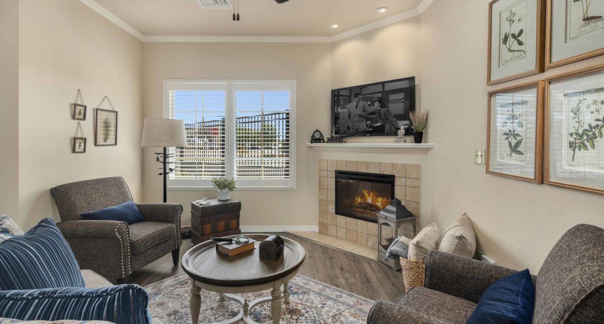 A cozy living room with a fireplace and modern decor.