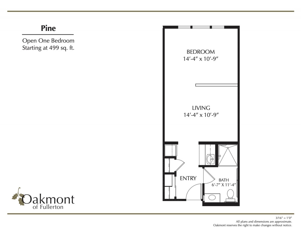 A floor plan of a one-bedroom apartment featuring a bedroom, living area, kitchen, and bathroom.