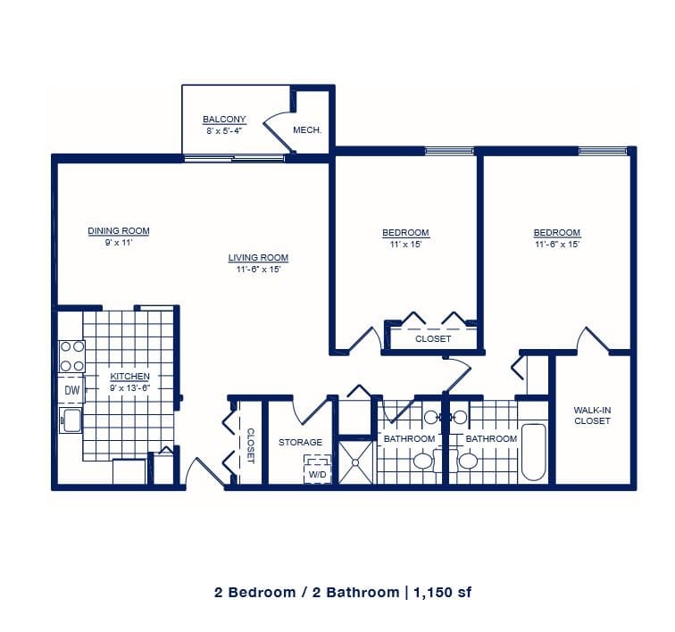 Blueprint of a two-bedroom, two-bathroom apartment covering 1,104 square feet.