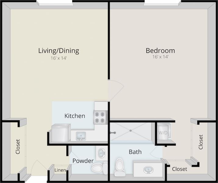 A floor plan of a one-bedroom apartment featuring a living/dining area, kitchen, bathroom, and closet.
