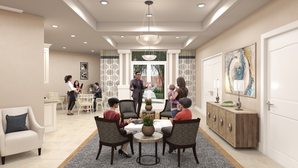 A cozy lobby with people engaging in conversation and modern decor.