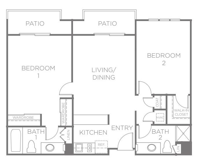 A floor plan showing a two-bedroom apartment layout with patios, living/dining area, kitchen, and bathrooms.