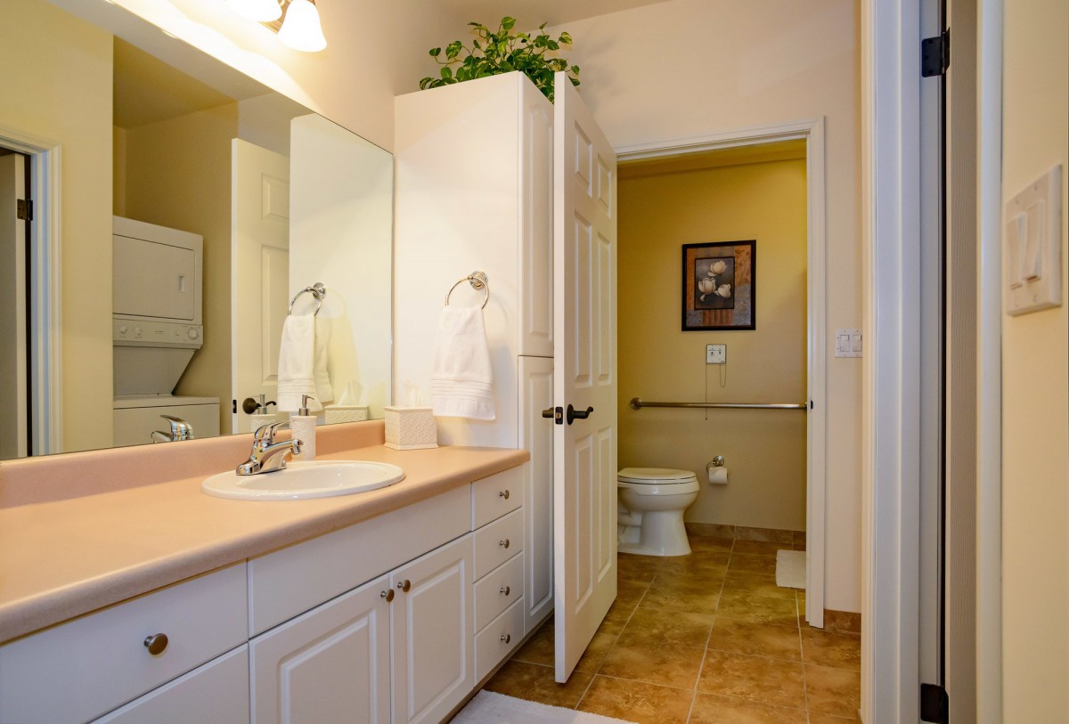 A well-organized bathroom with a sink, mirror, and cabinet, leading to a toilet area.