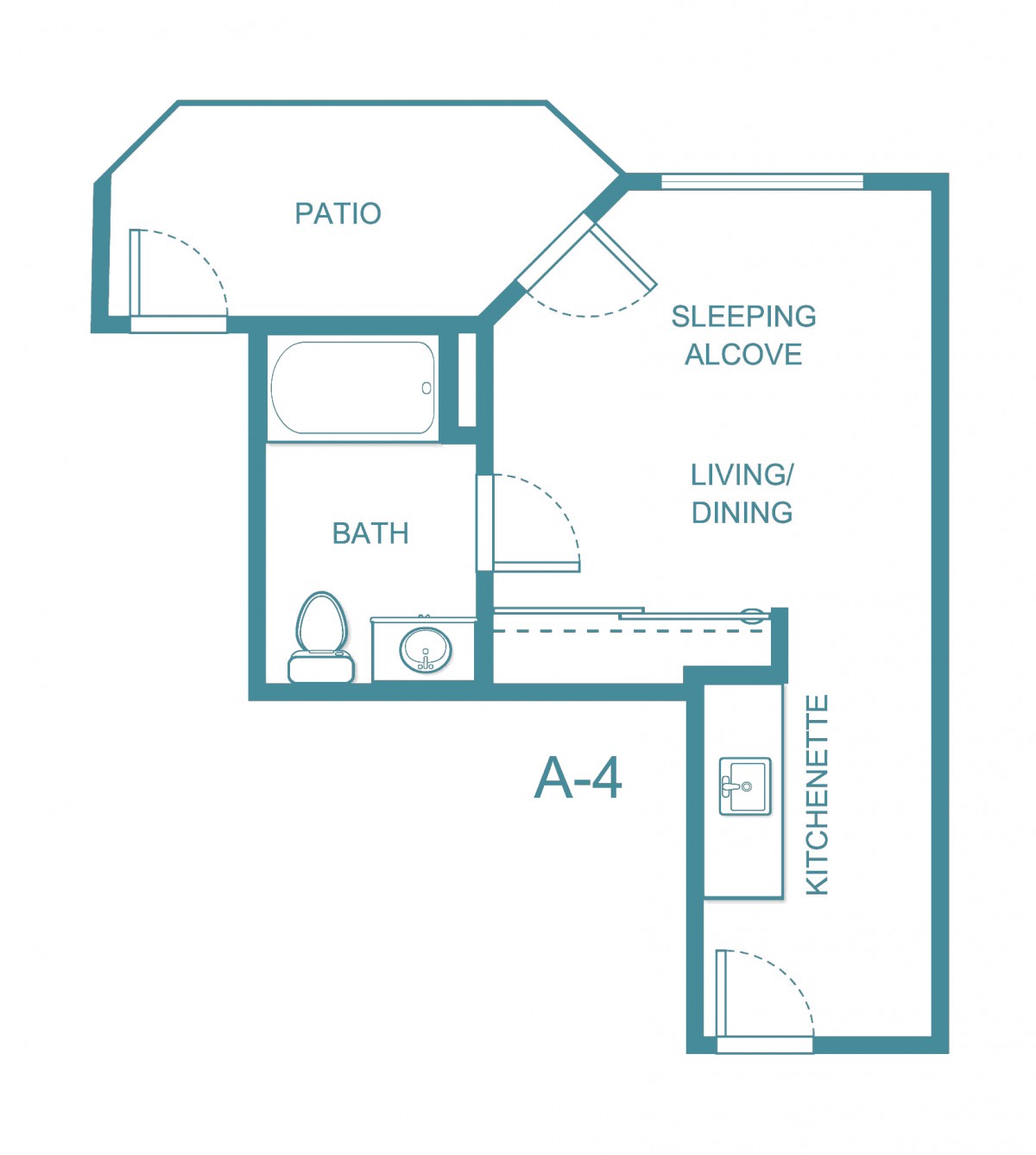 Studio apartment floor plan with a sleeping alcove, living/dining area, kitchenette, bath, and patio.