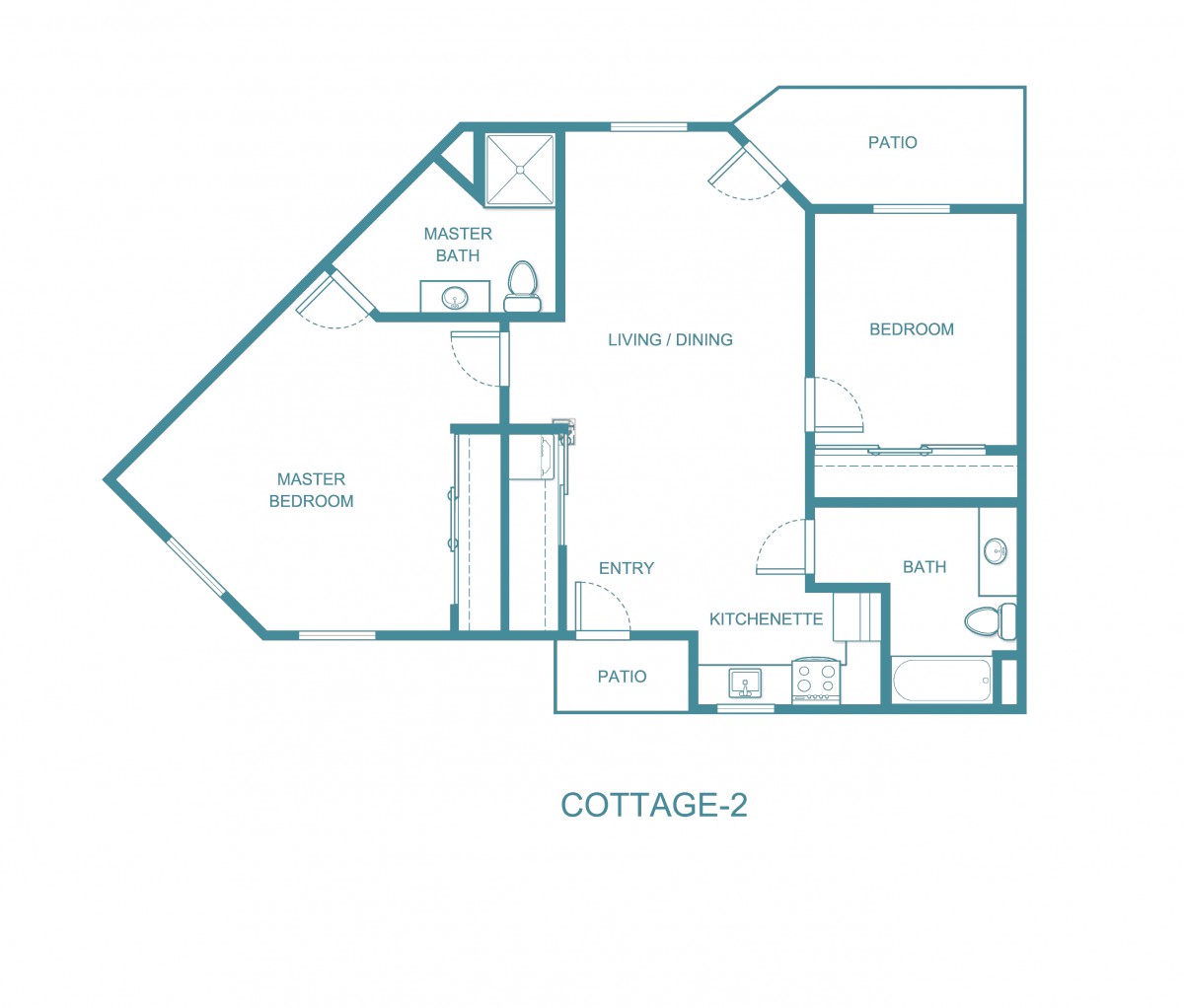 Floor plan of Cottage-2 with a unique layout and designated rooms.