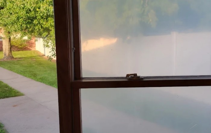 A view through frosted glass showing a blurred outdoor scene.