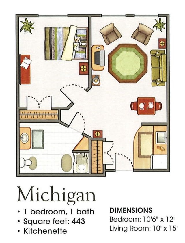A floor plan of a Michigan apartment with one bedroom and one bathroom.