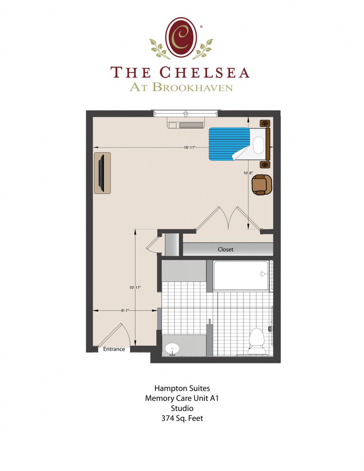 Floor plan of a studio apartment at The Chelsea.