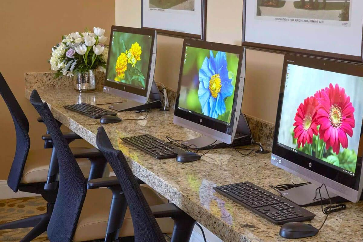 A row of computer workstations with vibrant floral screensavers in a modern office setting.