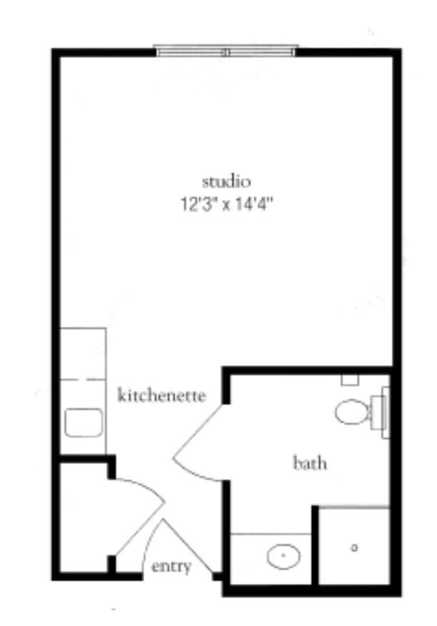 A floor plan of a studio apartment featuring a kitchenette and bath.