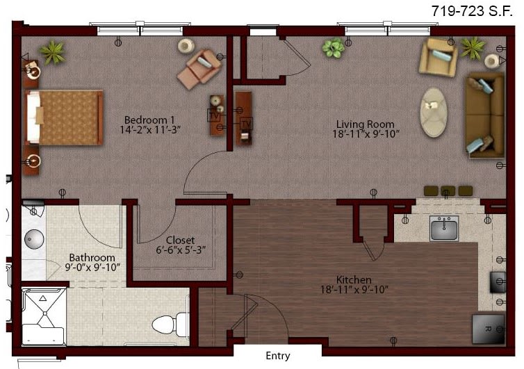 A detailed floor plan of a one-bedroom apartment featuring a living room, kitchen, bathroom, and closet.