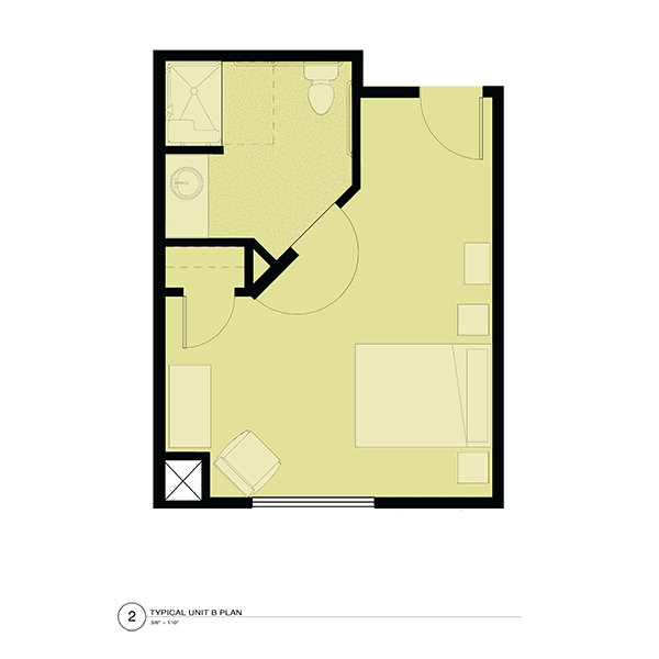 A floor plan layout of a studio apartment, showing areas for living, sleeping, and bathroom facilities.