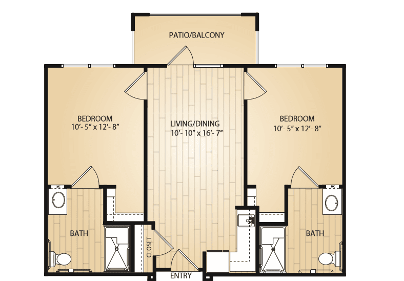 A floor plan of a two-bedroom apartment with a living room, two bathrooms, and a patio/balcony.
