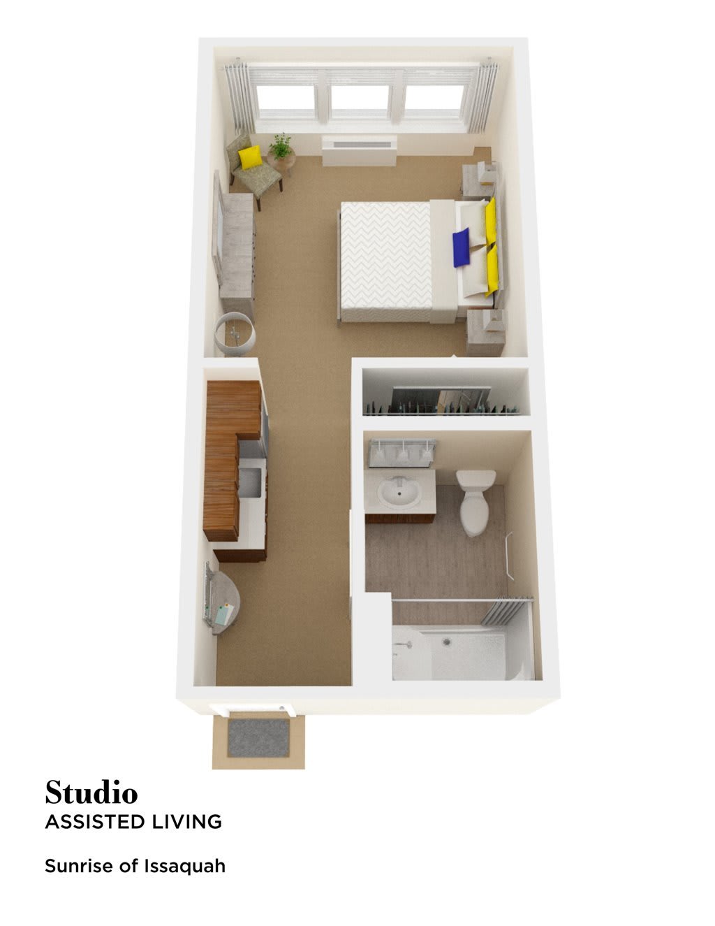 A 3D floor plan of a studio apartment featuring a bedroom area, kitchen, and bathroom.