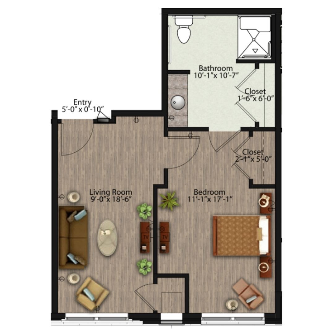 A floor plan of a one-bedroom apartment featuring a living room, kitchen, and bathroom.