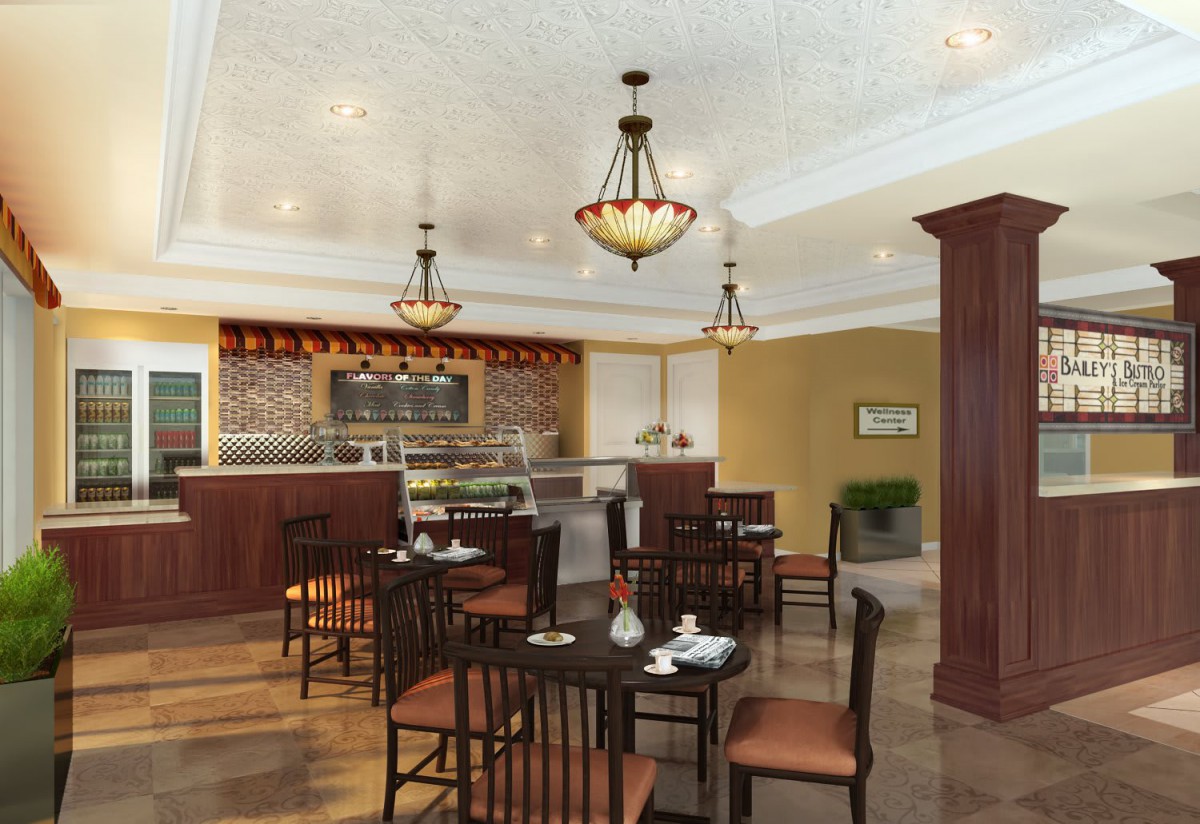 A cozy cafe interior with tables, chairs, and warm lighting.