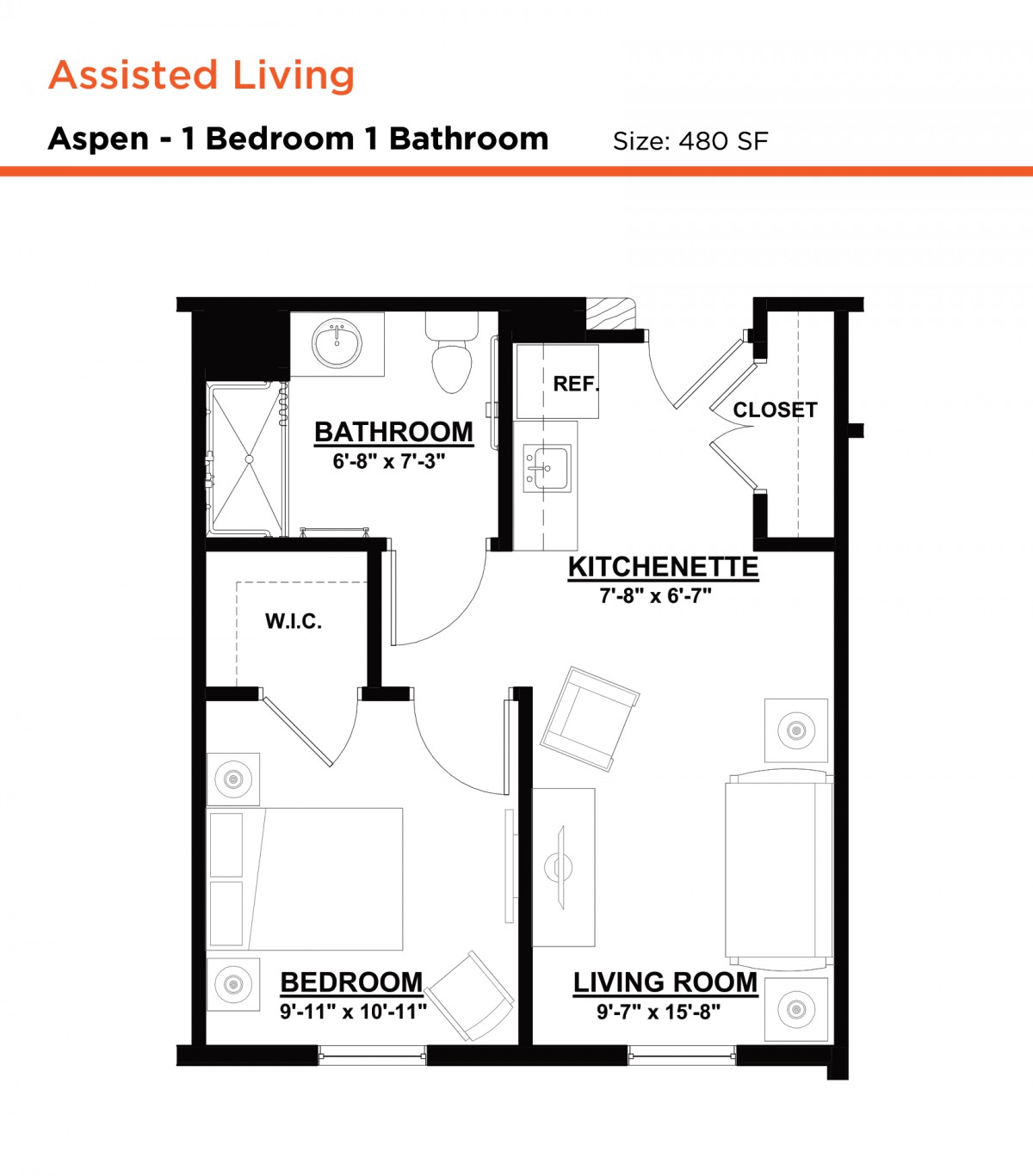 Floor plan for a one-bedroom, one-bathroom assisted living apartment.