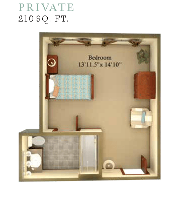 A detailed floor plan of a private bedroom measuring 203 square feet, featuring furniture placement and a bathroom.