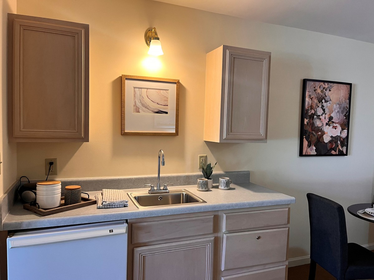 A modern kitchen setup with wooden cabinets, a sink, and framed artwork on the wall.