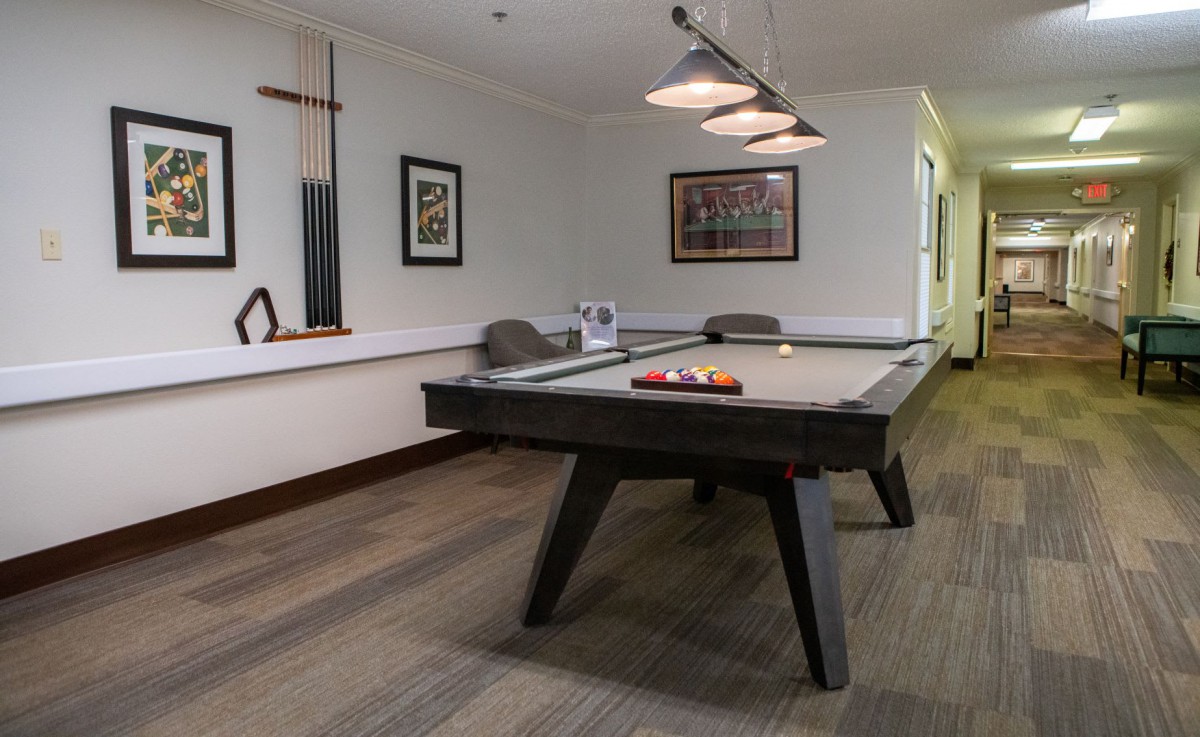 A modern billiard room featuring a stylish pool table and cue sticks mounted on the wall.