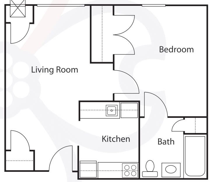 A floor plan showing the layout of an apartment with a living room, kitchen, bedroom, and bathroom.