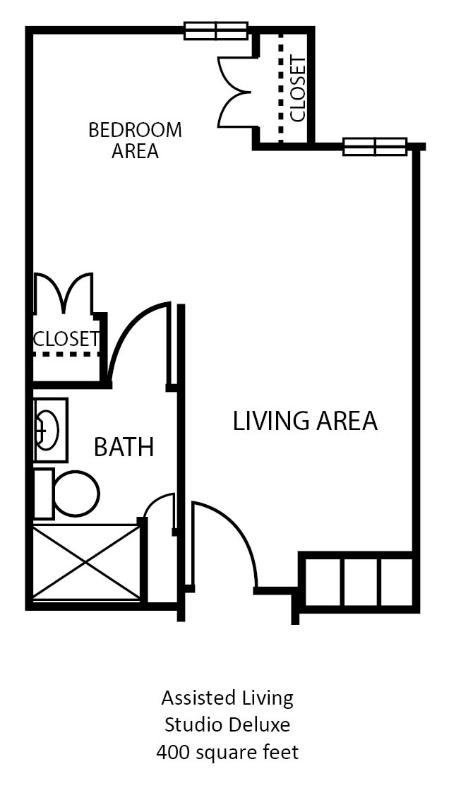 Studio apartment floor plan with a living area, bathroom, and closet.
