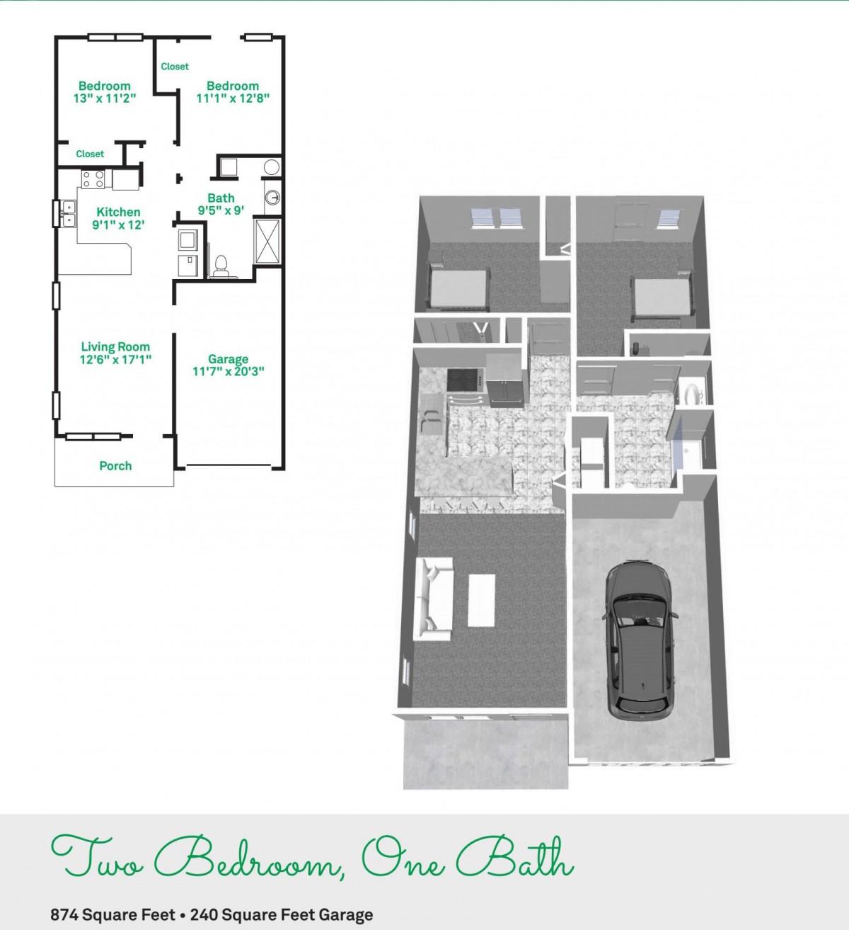 Two Bedroom, One Bath Floor Plan with Garage
