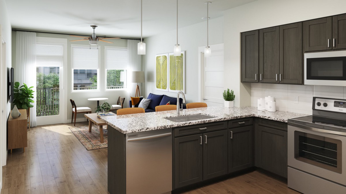 Open concept modern kitchen and living room with stylish decor.