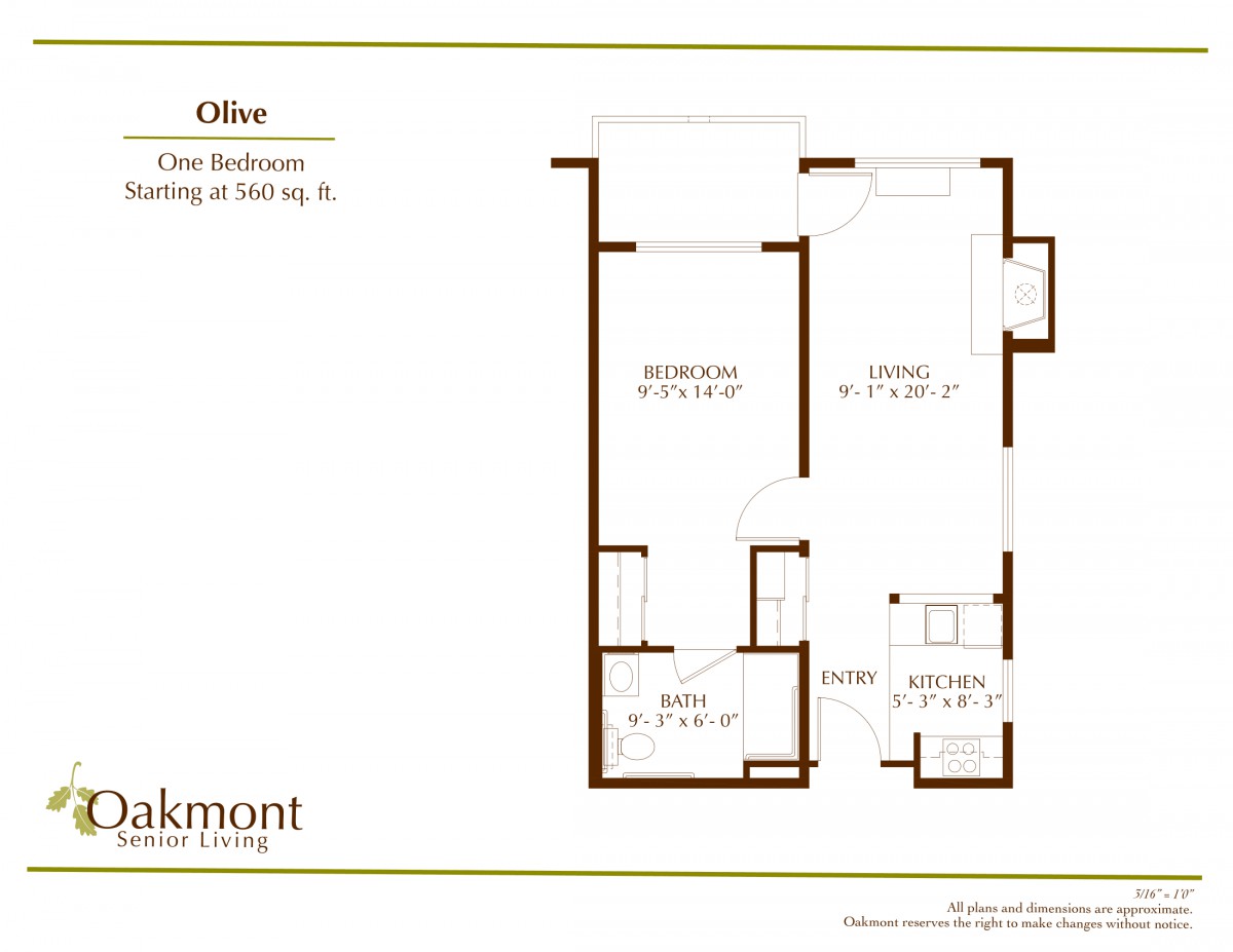 Floor plan of a one-bedroom apartment with detailed layout.
